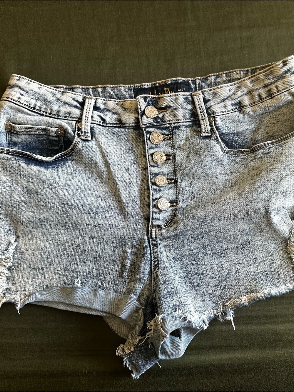 High-Rise Light Blue Washed Denim Button-Fly Shorts